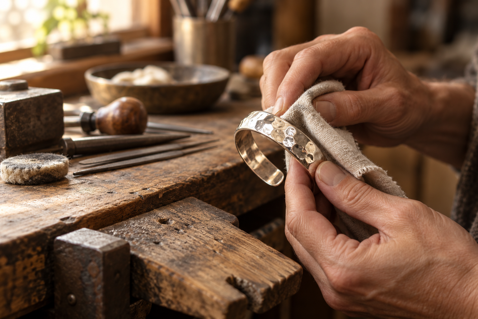 Illustrative concept of silver polishing at a workbench